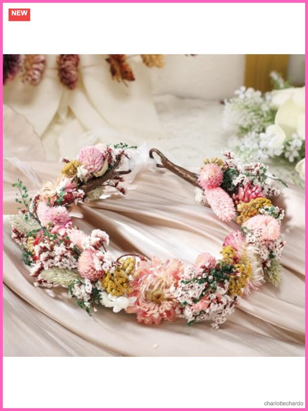 Dried Flower Headband Wedding Hair Accessory with Adjustable Ribbon, One Size